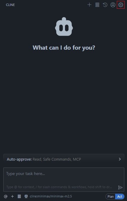 Открытие настроек Cline