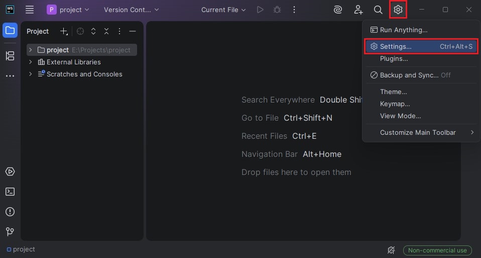 Открытие настроек WebStorm